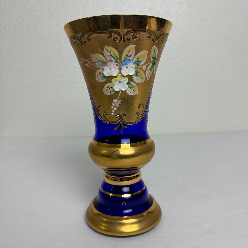 Vintage MCM Enamel Cobalt Blue Luxury Bohemian Czech Crystal Vase 24K Gold
